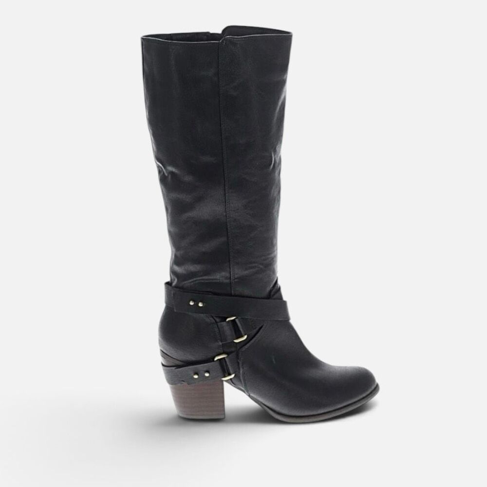 Fergie Black Buckle Campus Faux Leather Knee High Boots 8